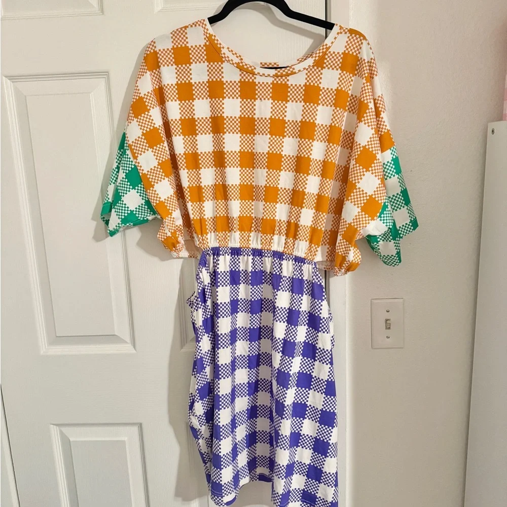 Gorman Orange and Blue Gingham Mini Dress with Side Cut Outs - Picture 3 of 5